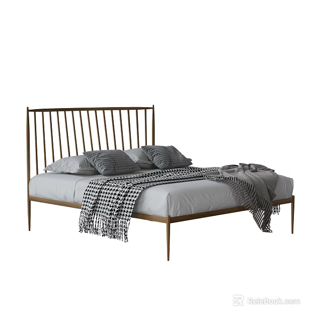 Modern Double Bed Featuring Metal Frame Gray Linen and Checkered Blanket 3d model 