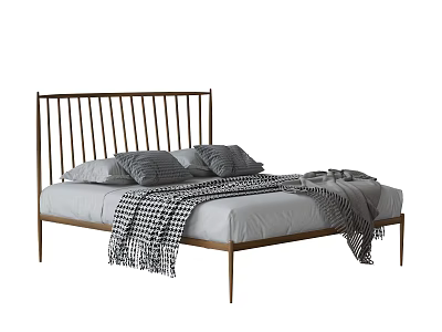 Modern Double Bed Featuring Metal Frame Gray Linen and Checkered Blanket 3d model