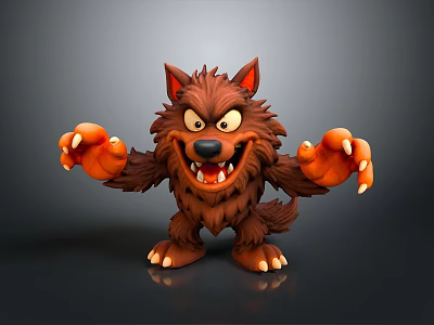 Cartoon Wolf Character With Brown Fur Pointed Ears Fierce Expression And Outstretched Claws 3d model