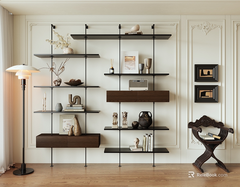 Elegant Wall Mounted Bookcase with Layered Shelves Books Decorative Items Floor Lamp and Wooden Floor 3d model 