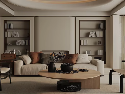 Modern Cozy Living Room Interior With Beige Sofa Pillows Bookshelves And Round Wooden Coffee Table 3d model