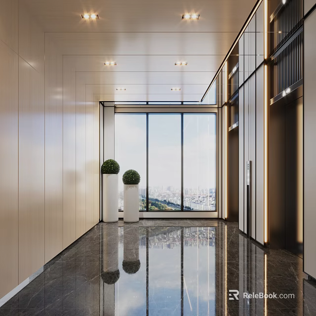Modern Elevator Hallway Design With Large Windows City View And Green Plants 3d model 