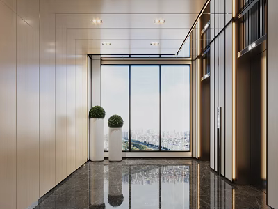 Modern Elevator Hallway Design With Large Windows City View And Green Plants 3d model