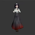 3D Rendered Woman With Black Long Hair White Top And Gradient Red Skirt Gray Background