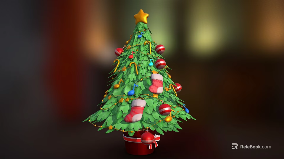 Festive Christmas Tree Decorated With Gold Star Top Colorful Balls Candy Canes Stockings Red Pot 3d model 