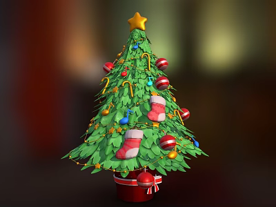 Festive Christmas Tree Decorated With Gold Star Top Colorful Balls Candy Canes Stockings Red Pot 3d model