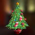 Festive Christmas Tree Decorated With Gold Star Top Colorful Balls Candy Canes Stockings Red Pot
