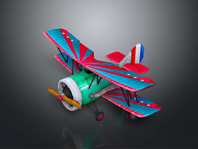 Vintage Biplane Passenger Plane Model With Green Fuselage Red Blue Striped Wings And Propeller 3d model