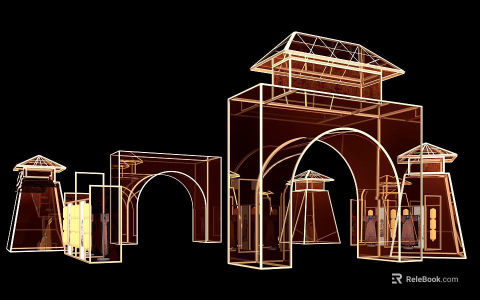 Event Gate Line Art Design In Traditional Style With Arched Structure And Golden Frame 3d model 