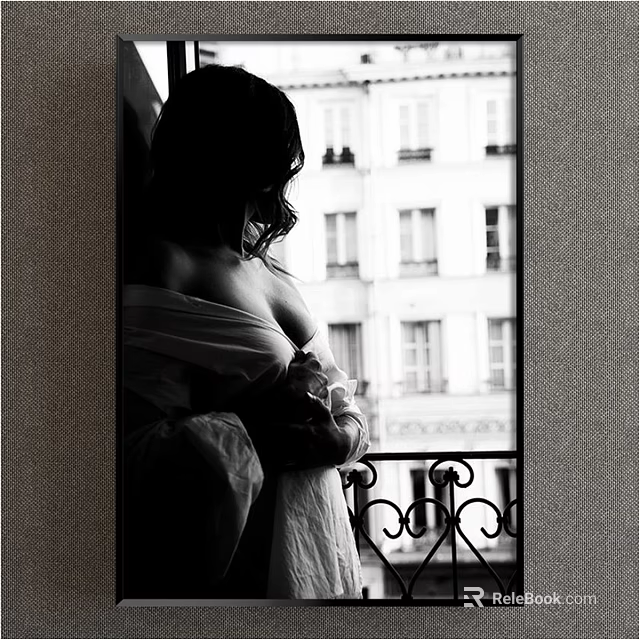 Portrait Silhouette of a Woman in Elegant Robe by Window With Parisian Building Background Black and White 3d model 