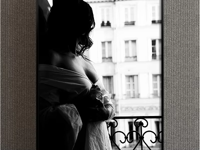 Portrait Silhouette of a Woman in Elegant Robe by Window With Parisian Building Background Black and White 3d model