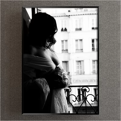Portrait Silhouette of a Woman in Elegant Robe by Window With Parisian Building Background Black and White 3d model
