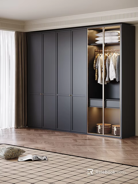 Modern Gray Wardrobe With Glass Door Hanging Clothes Bottom Drawers And Storage Bins 3d model 