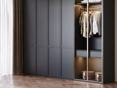 Modern Gray Wardrobe With Glass Door Hanging Clothes Bottom Drawers And Storage Bins 3d model