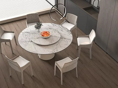 Modern Round Marble Dining Table Set with Six White Chairs Fruit Bowl in Kitchen 3d model