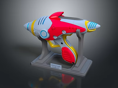 Colorful SciFi Style Toy Gun Prototype With Red White Yellow Blue Accents On Gray Stand 3d model