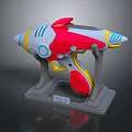 Colorful SciFi Style Toy Gun Prototype With Red White Yellow Blue Accents On Gray Stand