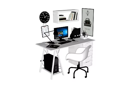 Modern Office Desk Setup With Computer Lamp Chair Bookshelf And Decorative Poster 3d model