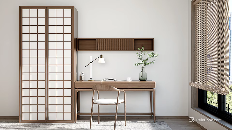Modern Japanese Style Wooden Desk With Shelf Table Lamp Green Plant And Chair 3d model 