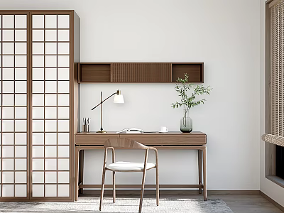 Modern Japanese Style Wooden Desk With Shelf Table Lamp Green Plant And Chair 3d model