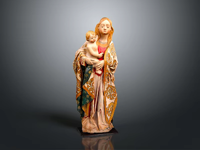 Madonna and Child Religious Sculpture With Colorful Robes Gold Accents and Intricate Design 3d model