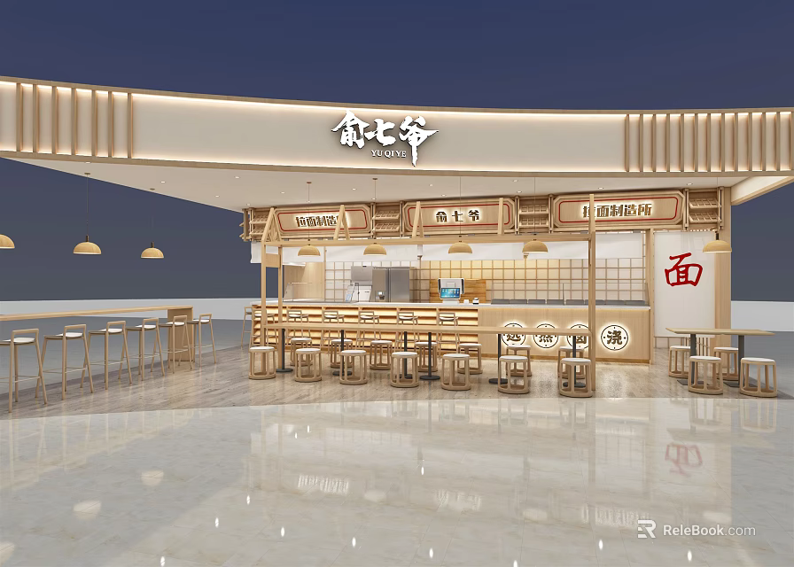 Modern Noodle Restaurant Interior With Wooden Decor Open Counter And Seating Area 3d model 
