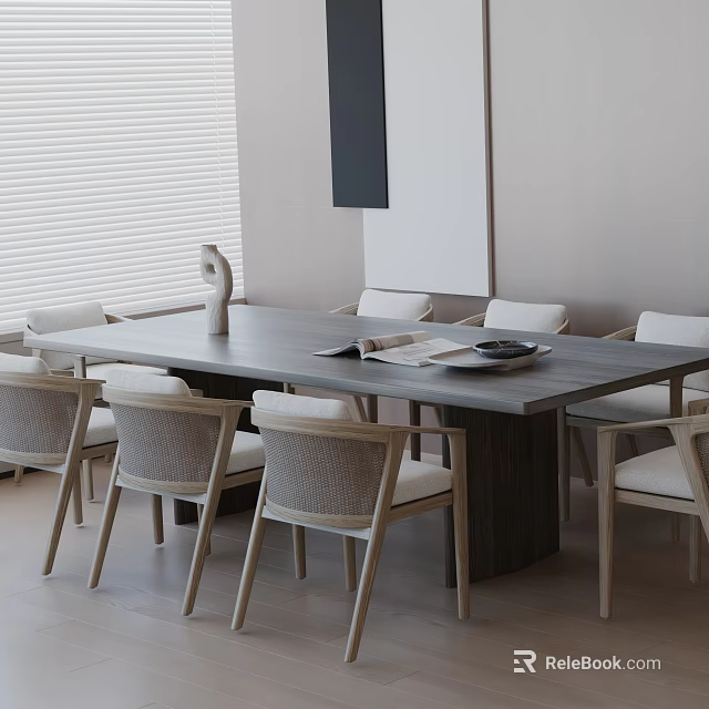 Modern Dining Table Set with Woven Back Chairs Decorative Object Open Book in Bright Room 3d model 