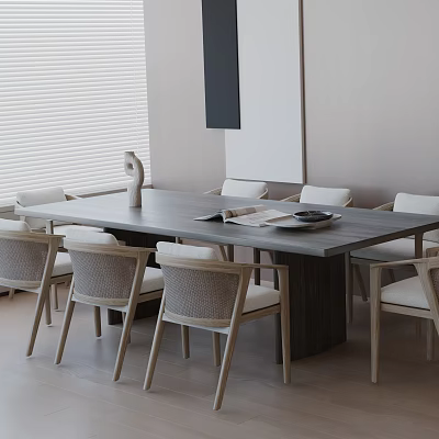 Modern Dining Table Set with Woven Back Chairs Decorative Object Open Book in Bright Room 3d model