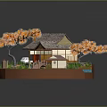 Miniature Landscape Model Featuring Thatched Cottage Orange Trees Bridge Pond And Pavilion On Circular Base