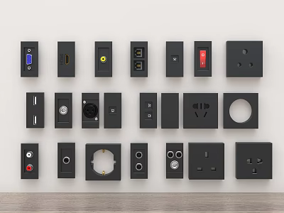 Various Types of Black Switch Panels with Different Functional Interfaces Wall Mounted 3d model