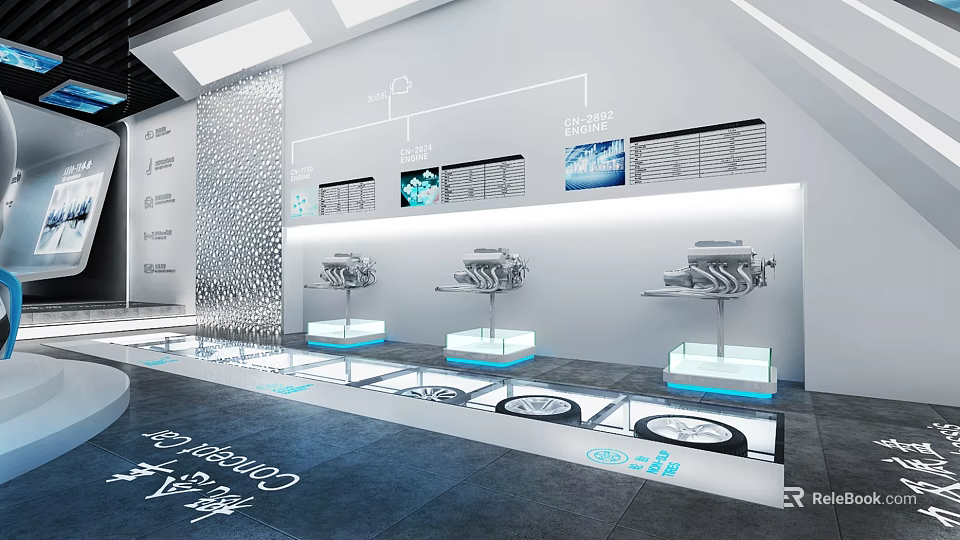 Modern Exhibition Hall Design With Engine Models Illuminated Platforms And Wall Screens 3d model