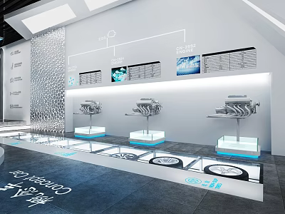 Modern Exhibition Hall Design With Engine Models Illuminated Platforms And Wall Screens 3d model