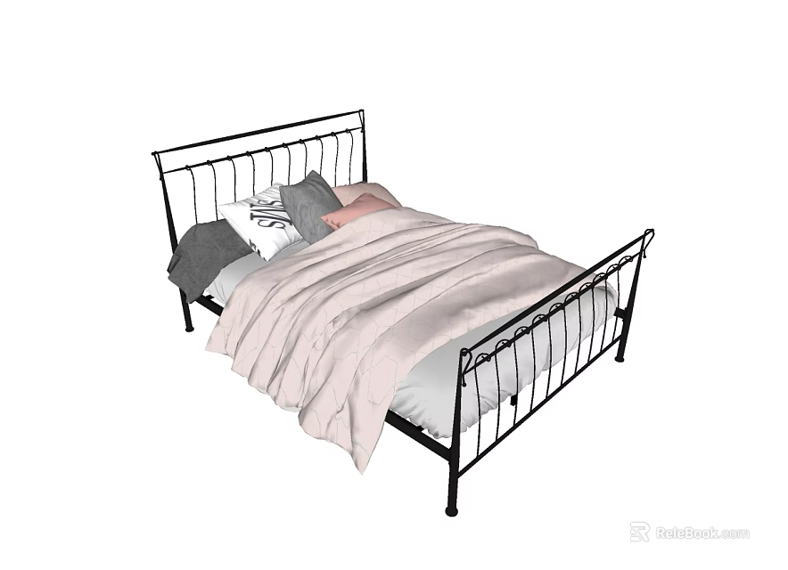 Stylish Double Bed With Black Metal Frame And Pink Comforter Pillows 3d model 