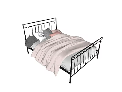 Stylish Double Bed With Black Metal Frame And Pink Comforter Pillows 3d model