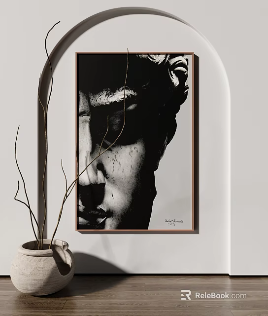 Framed Black And White Figurative Painting Of Classical Sculpture Head With Dried Branches And Vase 3d model 