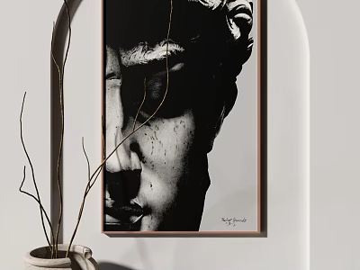 Framed Black And White Figurative Painting Of Classical Sculpture Head With Dried Branches And Vase 3d model