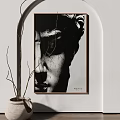 Framed Black And White Figurative Painting Of Classical Sculpture Head With Dried Branches And Vase