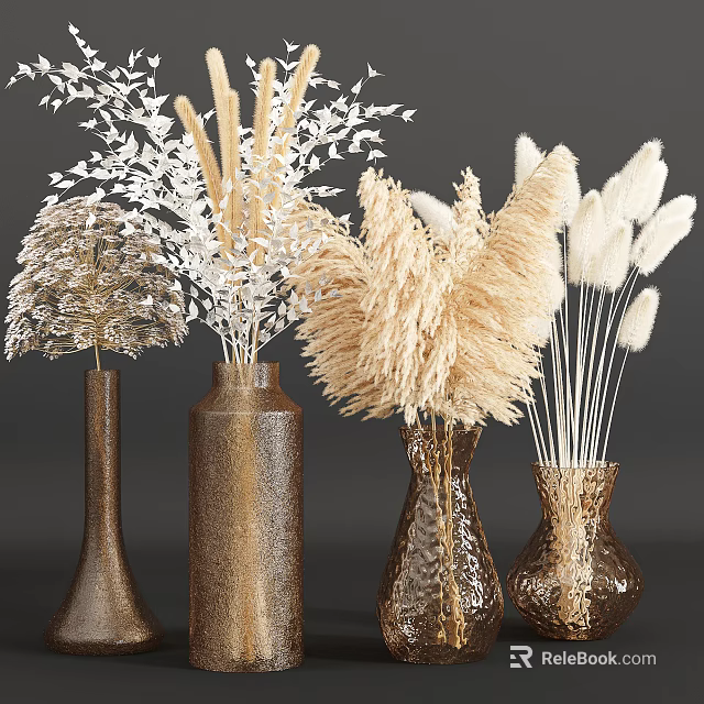 Modern Decorative Vases with Pampas Grass and Feathery Floral Arrangements 3d model 