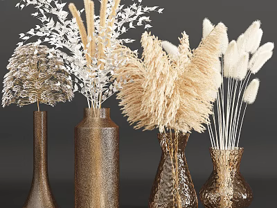 Modern Decorative Vases with Pampas Grass and Feathery Floral Arrangements 3d model