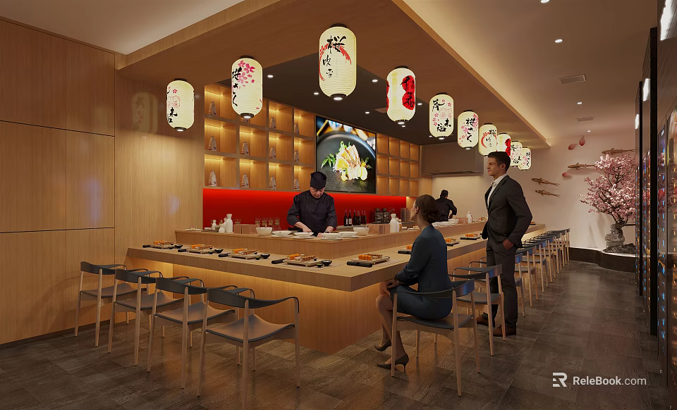 Japanese Sushi Restaurant With Wooden Interior Hanging Lanterns And Chef Serving Customers 3d model 