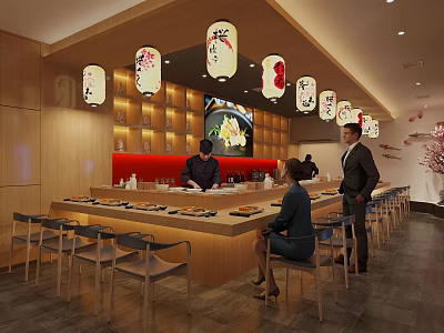 Japanese Sushi Restaurant With Wooden Interior Hanging Lanterns And Chef Serving Customers 3d model