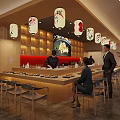 Japanese Sushi Restaurant With Wooden Interior Hanging Lanterns And Chef Serving Customers