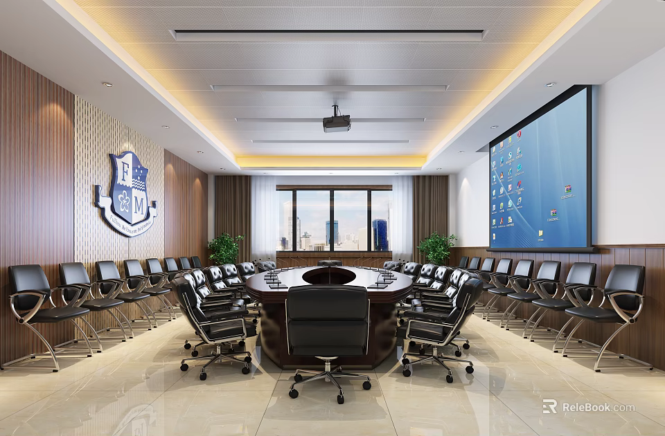 Modern Conference Room Interior With Circular Table Wall Logo And Large Screen 3d model