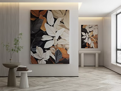 Modern Interior Featuring Large Brown White Leaf Artwork On Light Wall And Wooden Floor 3d model