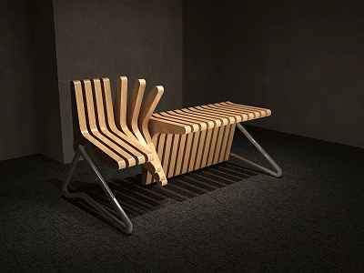 Modern Wooden Public Chair With Striped Structure And Metal Frame Design 3d model
