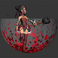 Game and Movie Character With Double Buns Blue Green Dress Red Rose Petals Black Accessory