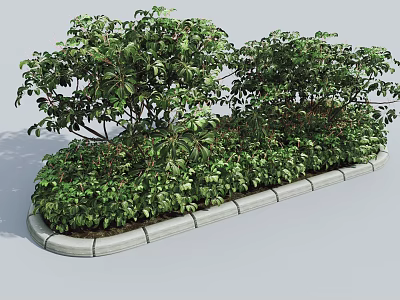 Lush Green Shrubs Growing In Curved Stone Border For Garden Landscape Design 3d model