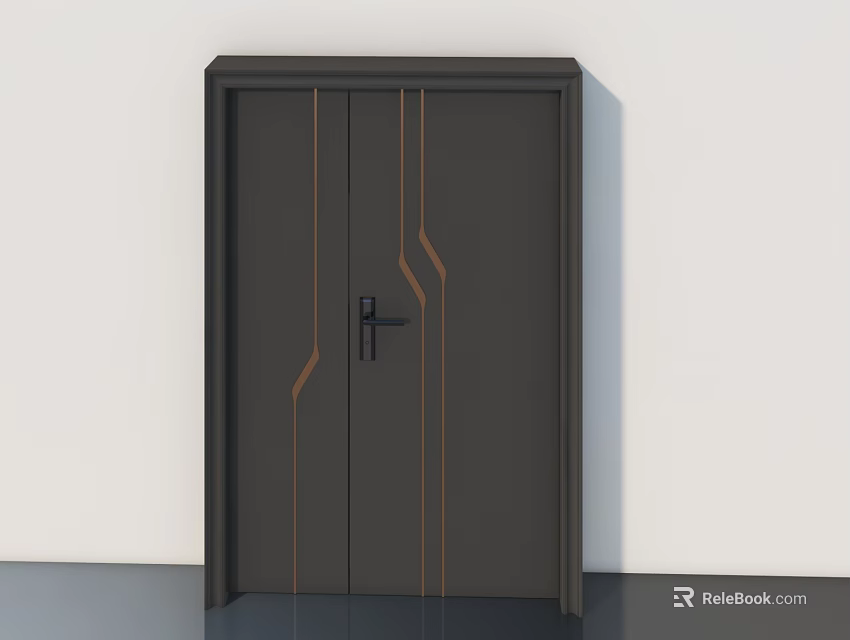 Modern Dark Gray Swing Door Featuring Decorative Orange Lines And Handle Design 3d model 