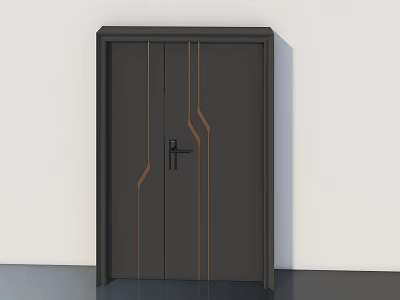 Modern Dark Gray Swing Door Featuring Decorative Orange Lines And Handle Design 3d model