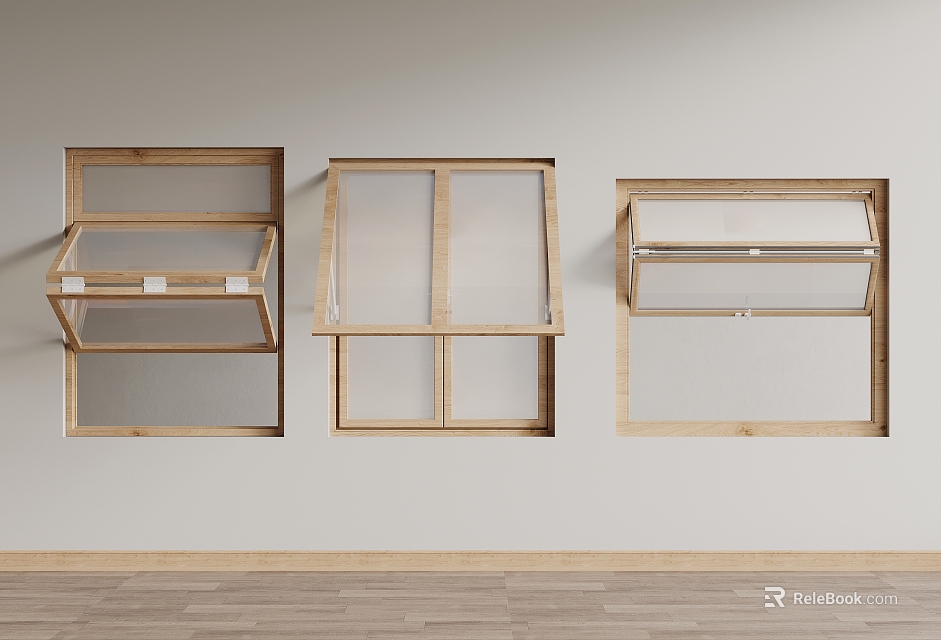 Casement Windows With Wooden Frames And Glass Panes Installed On Light Wall Design 3d model 